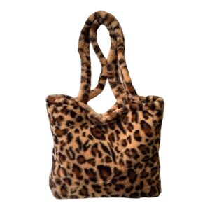 Leopard Print Faux Fur Tote Bag - Brown
